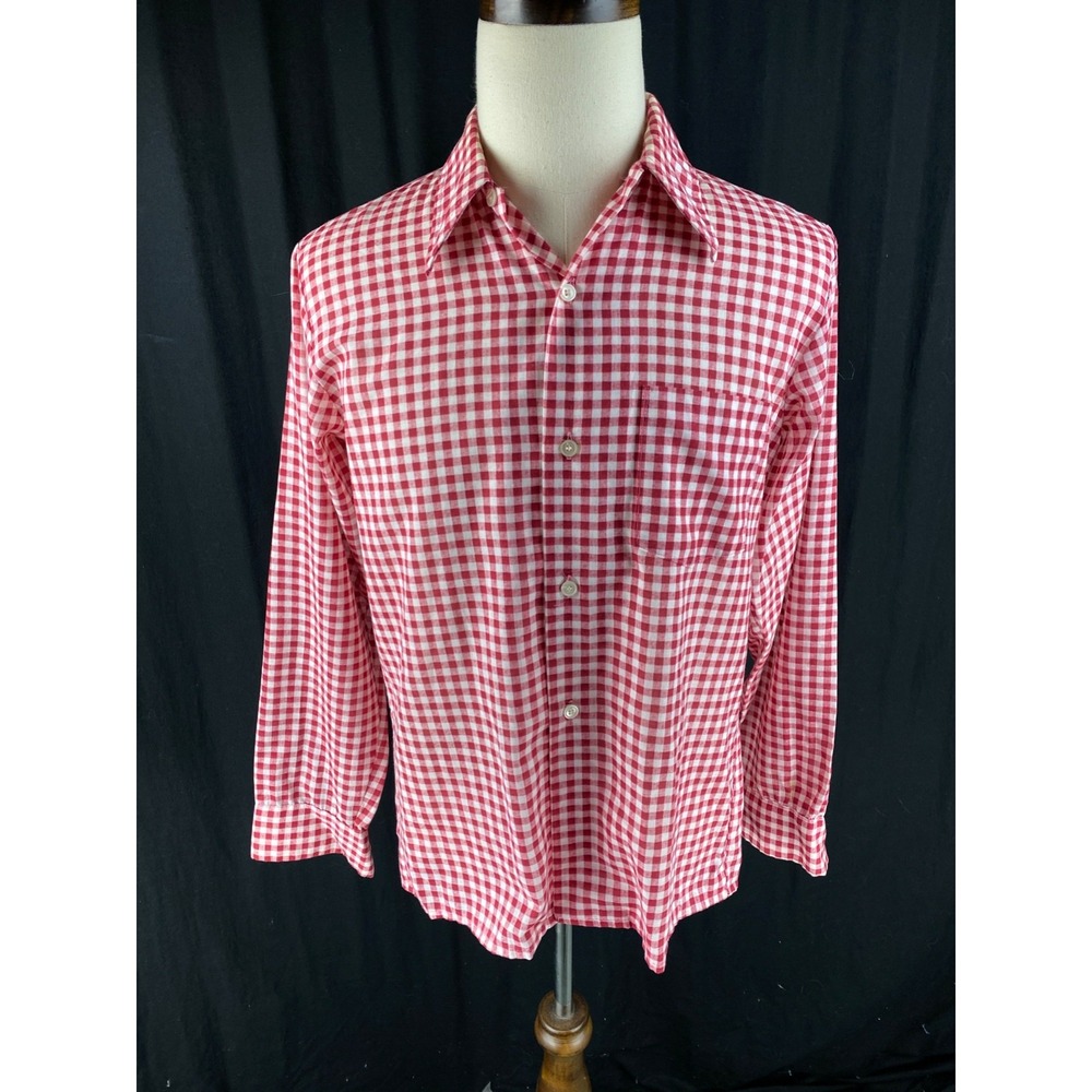 Golden Key Collection‎ Vtg 70s Mens M Permanent Press Gingham Plaid Button Shirt
